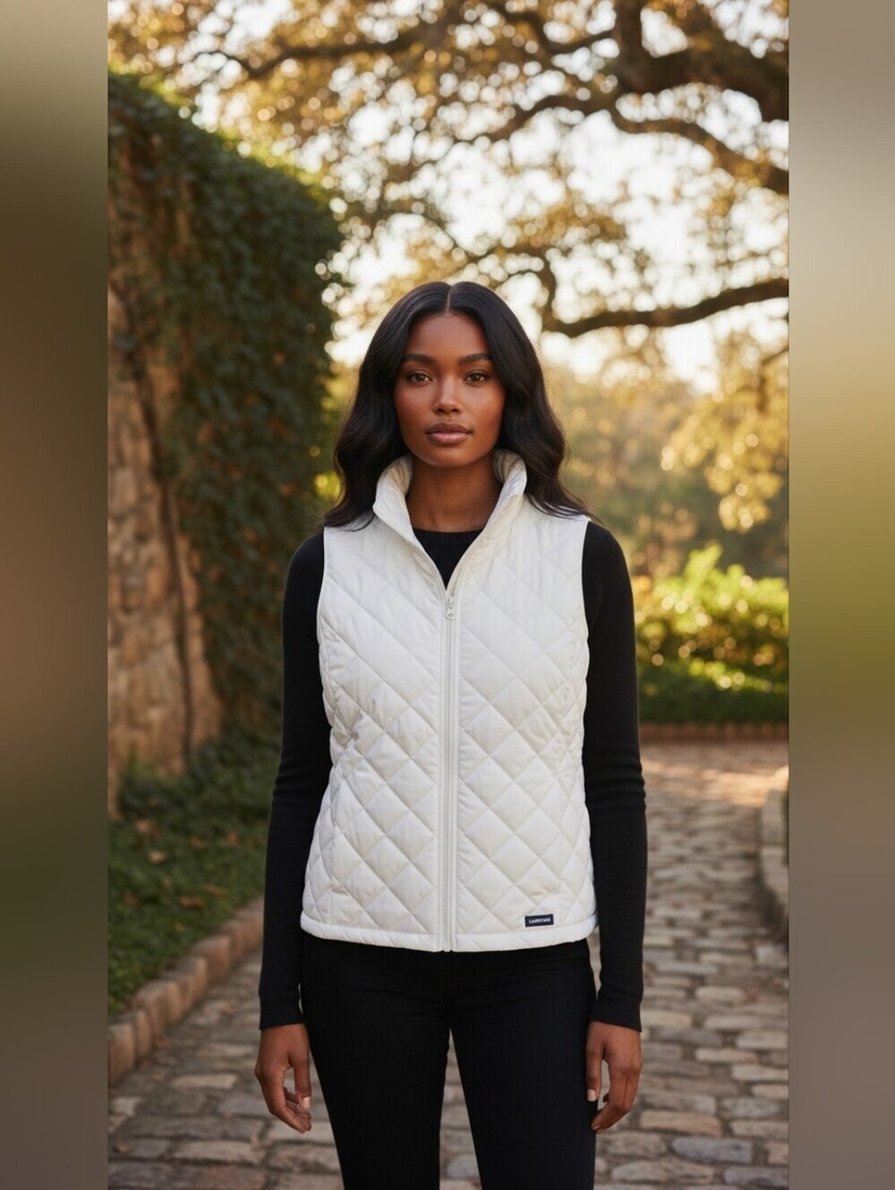 Lands End Ivory White Quilted Puffer Vest Zip Front Pockets Layering Size L